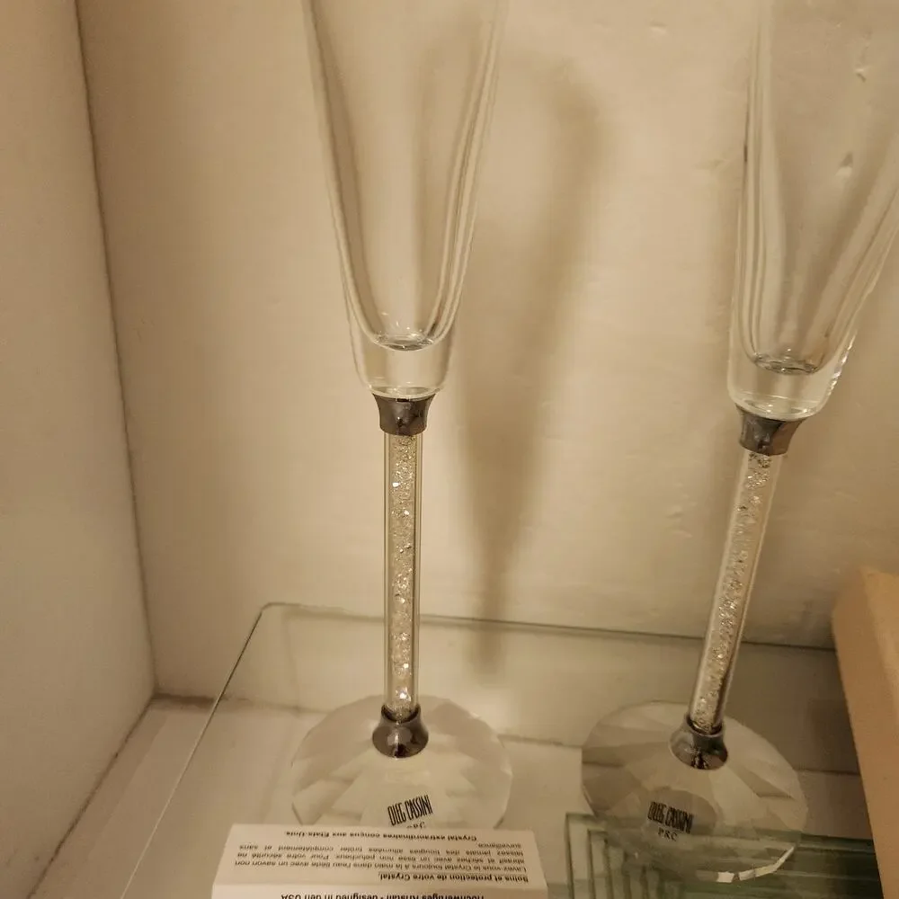 Vintage Oleg Cassini Pair Crystal Diamond Toasting Flutes, New in Box